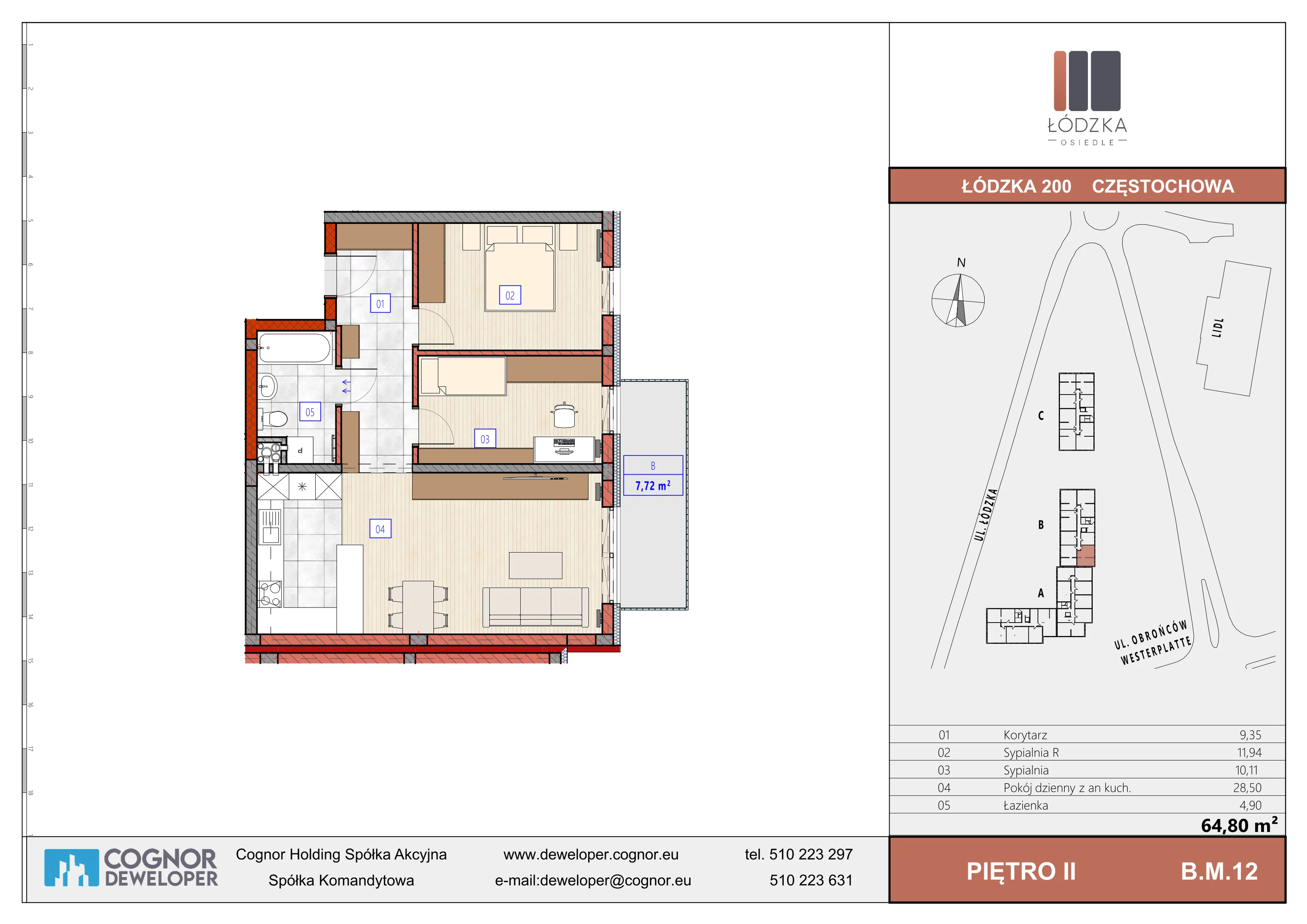 Mieszkanie 65,23 m², piętro 2, oferta nr B.M.12, Łódzka Osiedle, Częstochowa, Częstochówka-Parkitka, ul. Łódzka 198, 200, 202